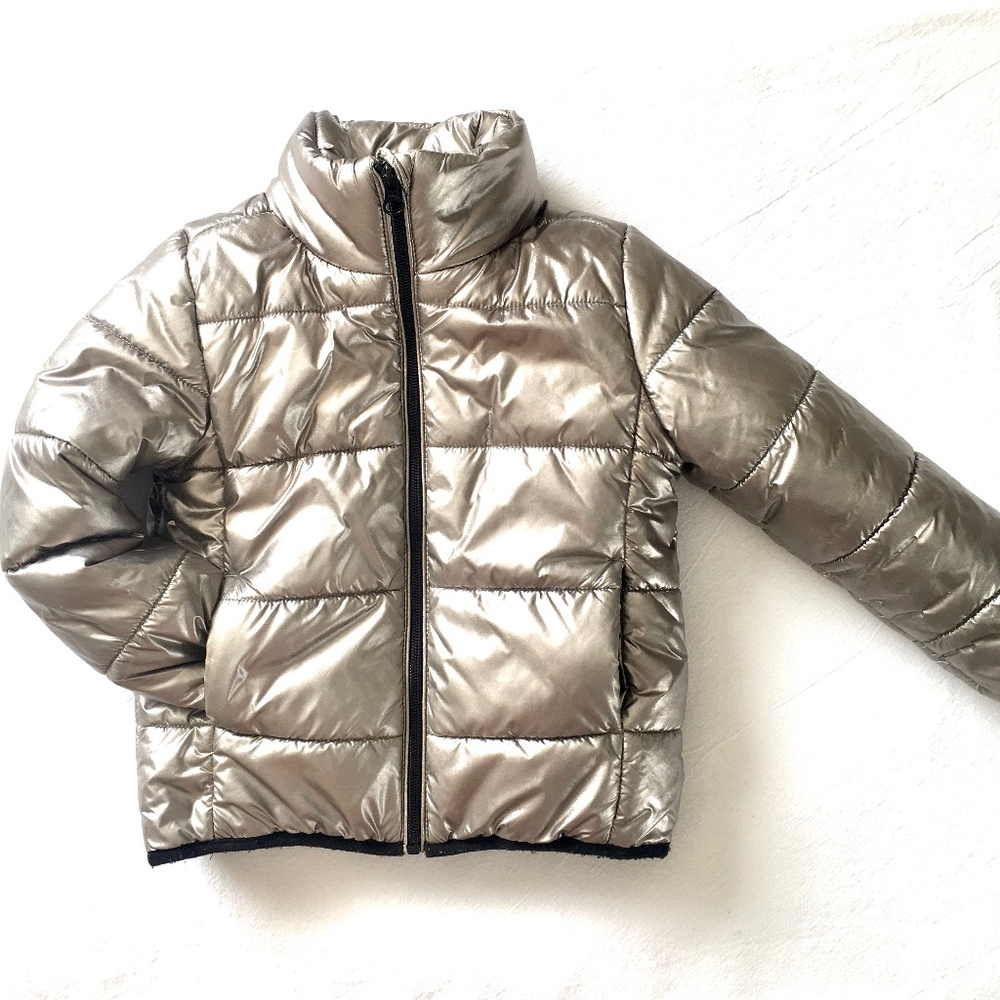 Cool metallic shiny silver girls puffer jacket, Joe Fresh, 5T